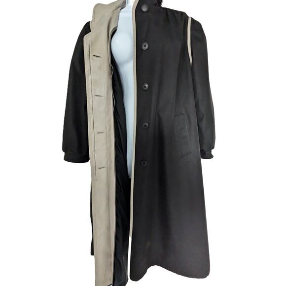 Women’s Black Contrast Trim Button Front Coat Mid-Length Trench Style - Picture 7 of 14